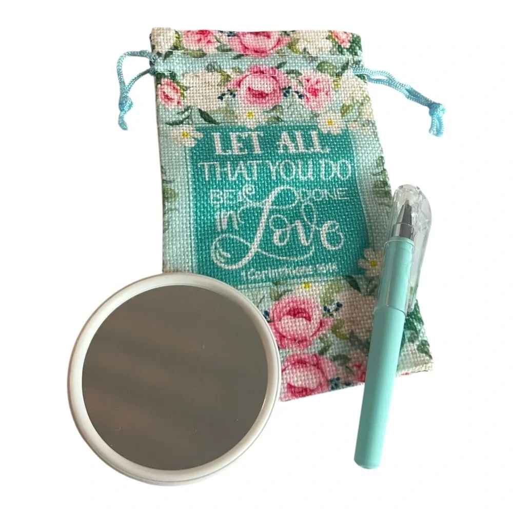 Inspirational Gift Set Floral Drawstring Bag Compact Mirror Pen 3-Piece Lot